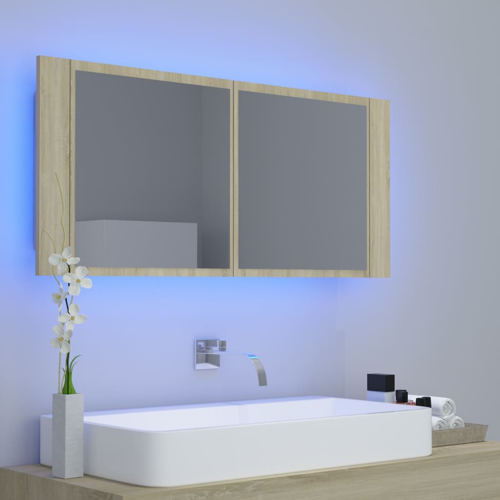 Spogulains vannas istabas skapītis ar LED, ozolkoks, 100x12x45cm, akrils