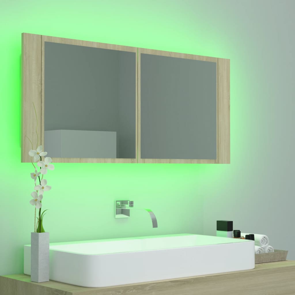 Spogulains vannas istabas skapītis ar LED, ozolkoks, 100x12x45cm, akrils