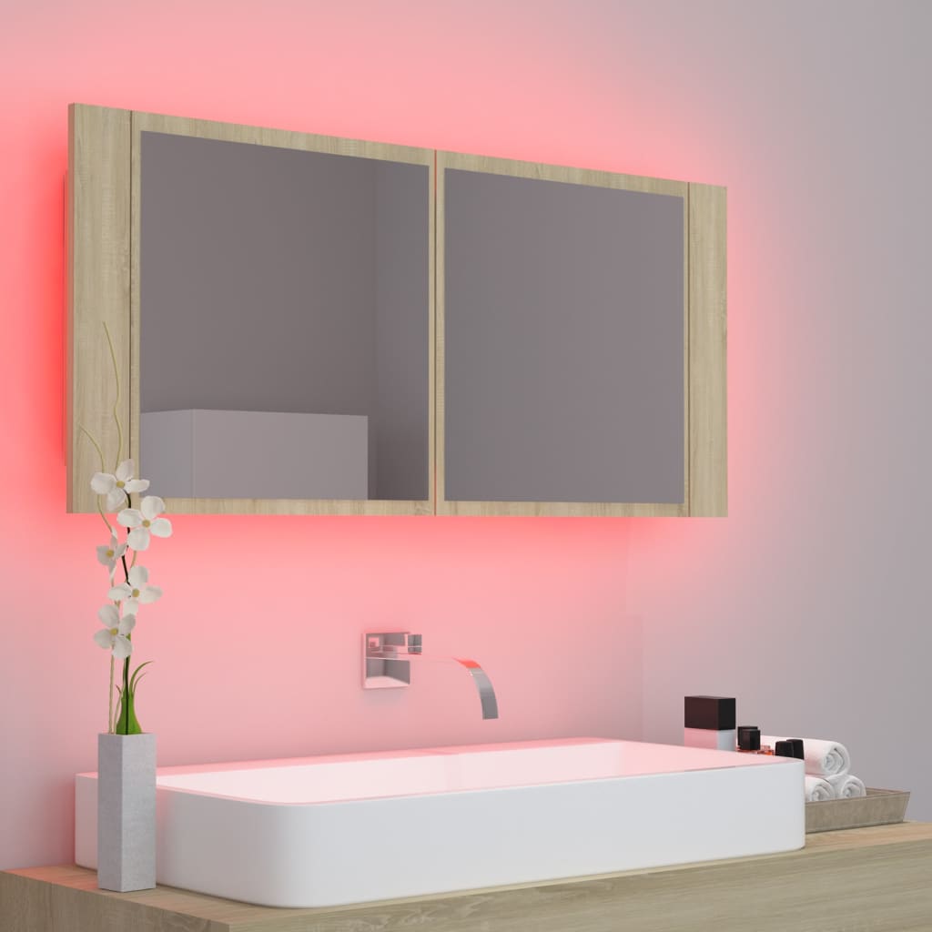 Spogulains vannas istabas skapītis ar LED, ozolkoks, 100x12x45cm, akrils