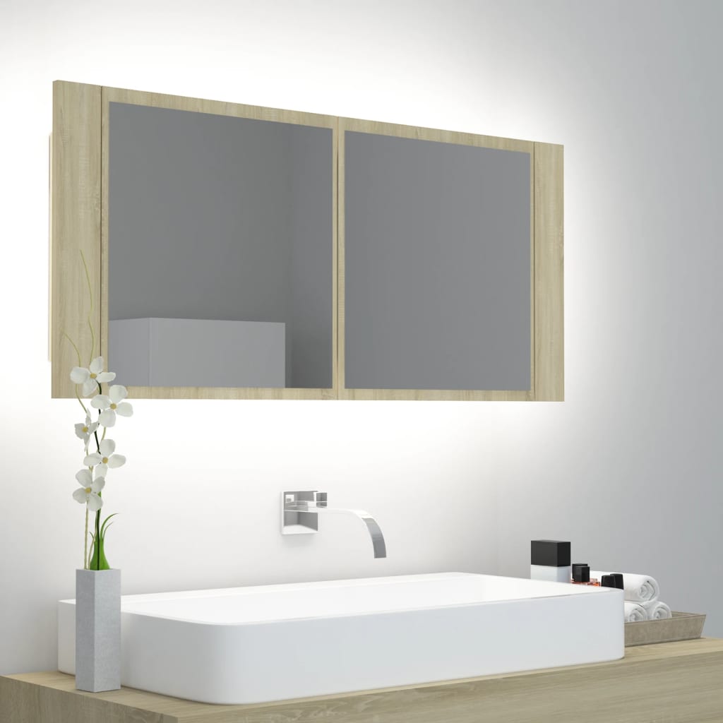 Spogulains vannas istabas skapītis ar LED, ozolkoks, 100x12x45cm, akrils