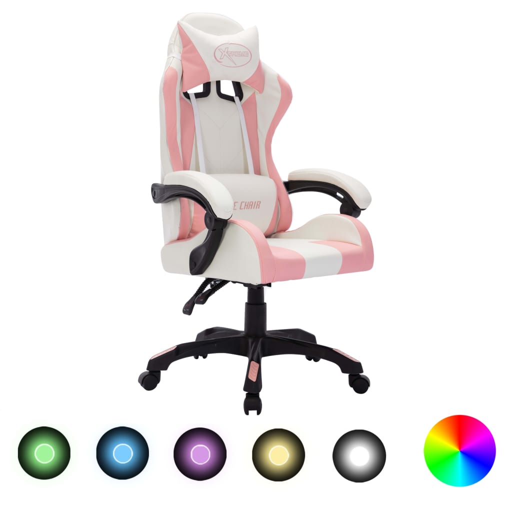 Gaming chair with LED lights, pink and black, faux leather