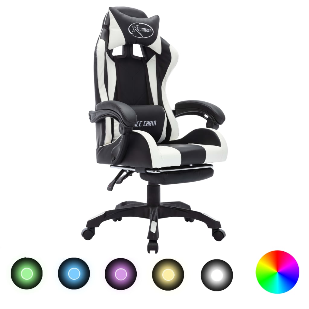 Gaming chair with LED lights, white and black, artificial leather