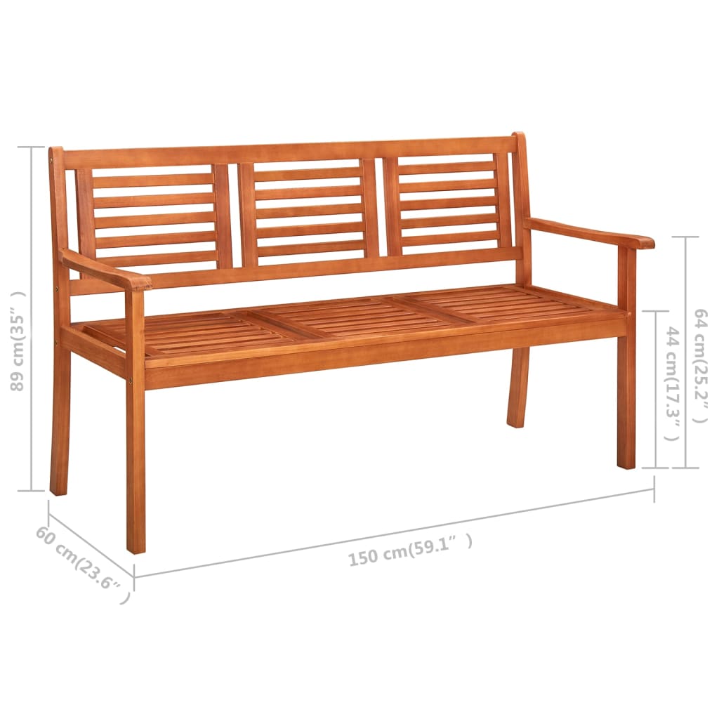 Three-seater garden bench with cushion, 150cm, solid eucalyptus