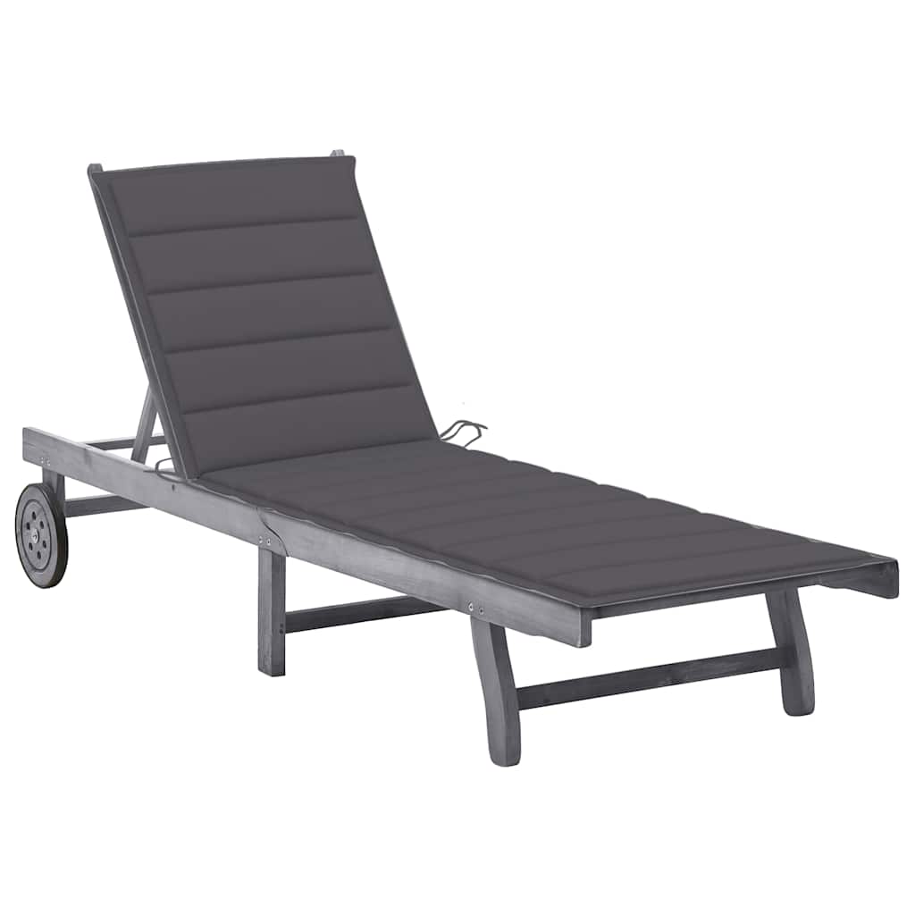 Garden sun lounger with cushion, grey, solid acacia wood