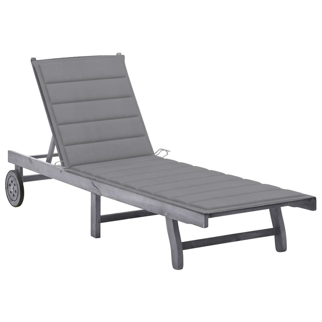 Garden sun lounger with cushion, grey, solid acacia wood
