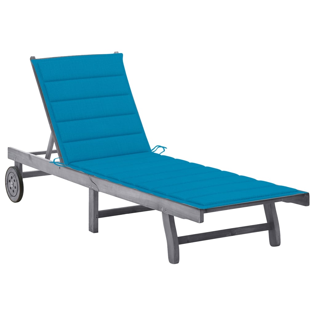 Garden sun lounger with cushion, grey, solid acacia wood