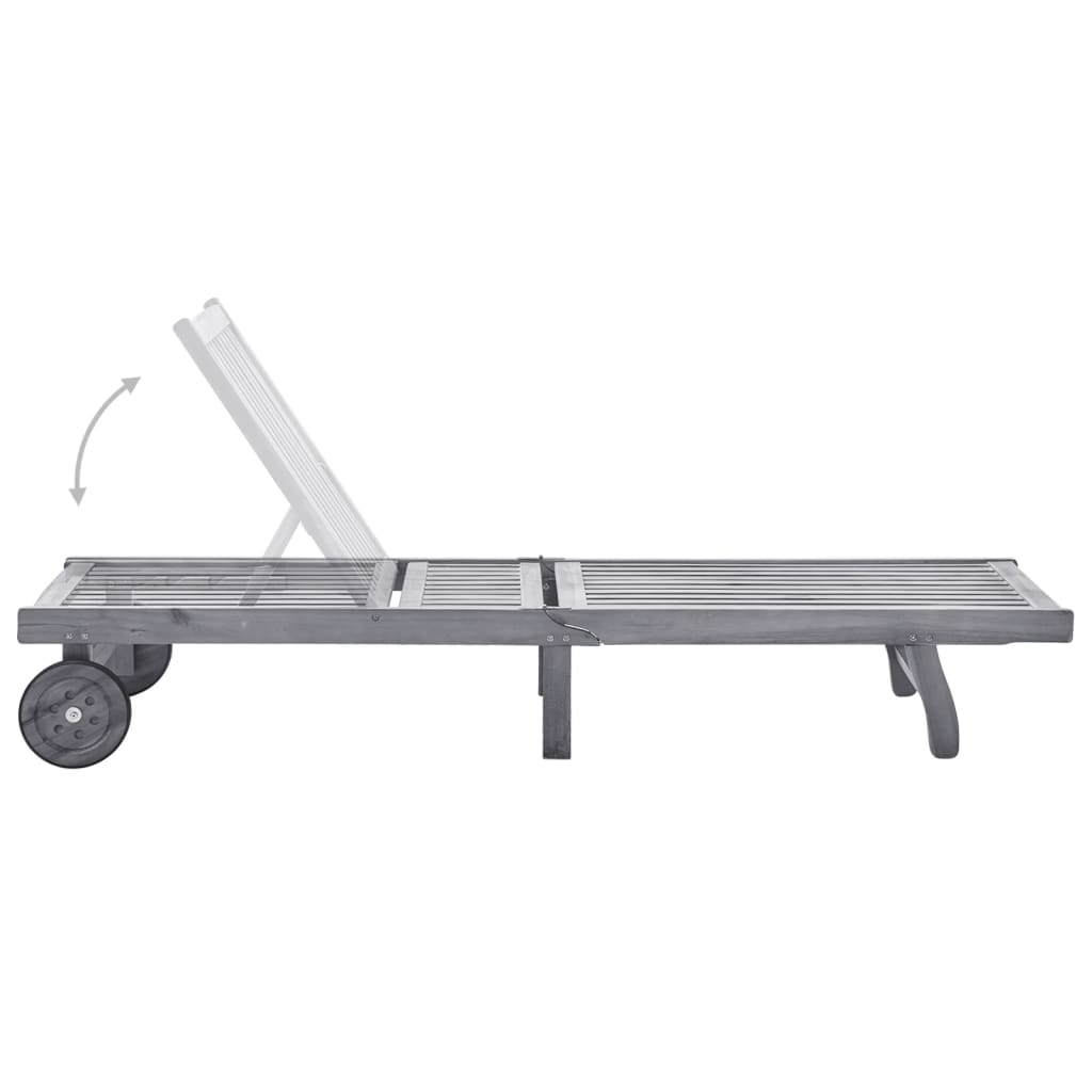 Garden sun lounger with cushion, grey, solid acacia wood