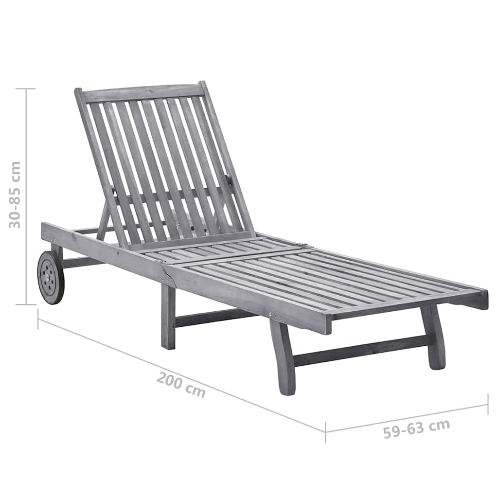 Garden sun lounger with cushion, grey, solid acacia wood