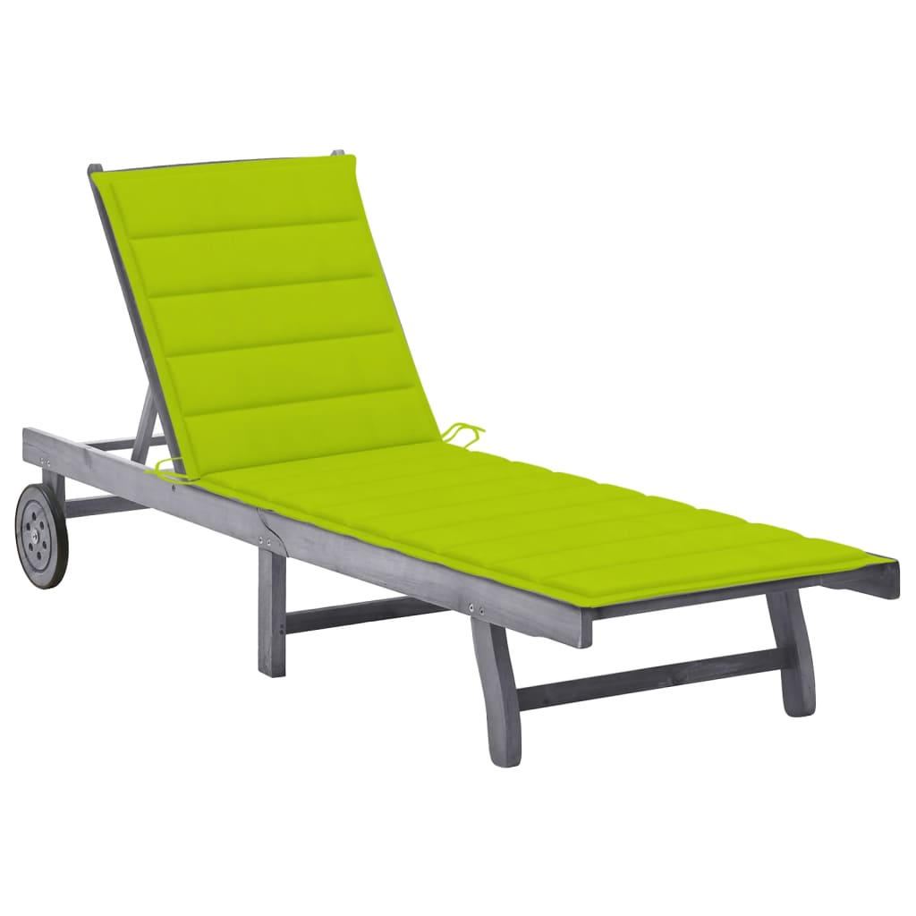 Garden sun lounger with cushion, grey, solid acacia wood