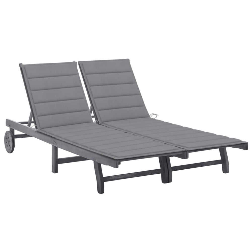 Double garden sun lounger with cushions, grey, acacia wood
