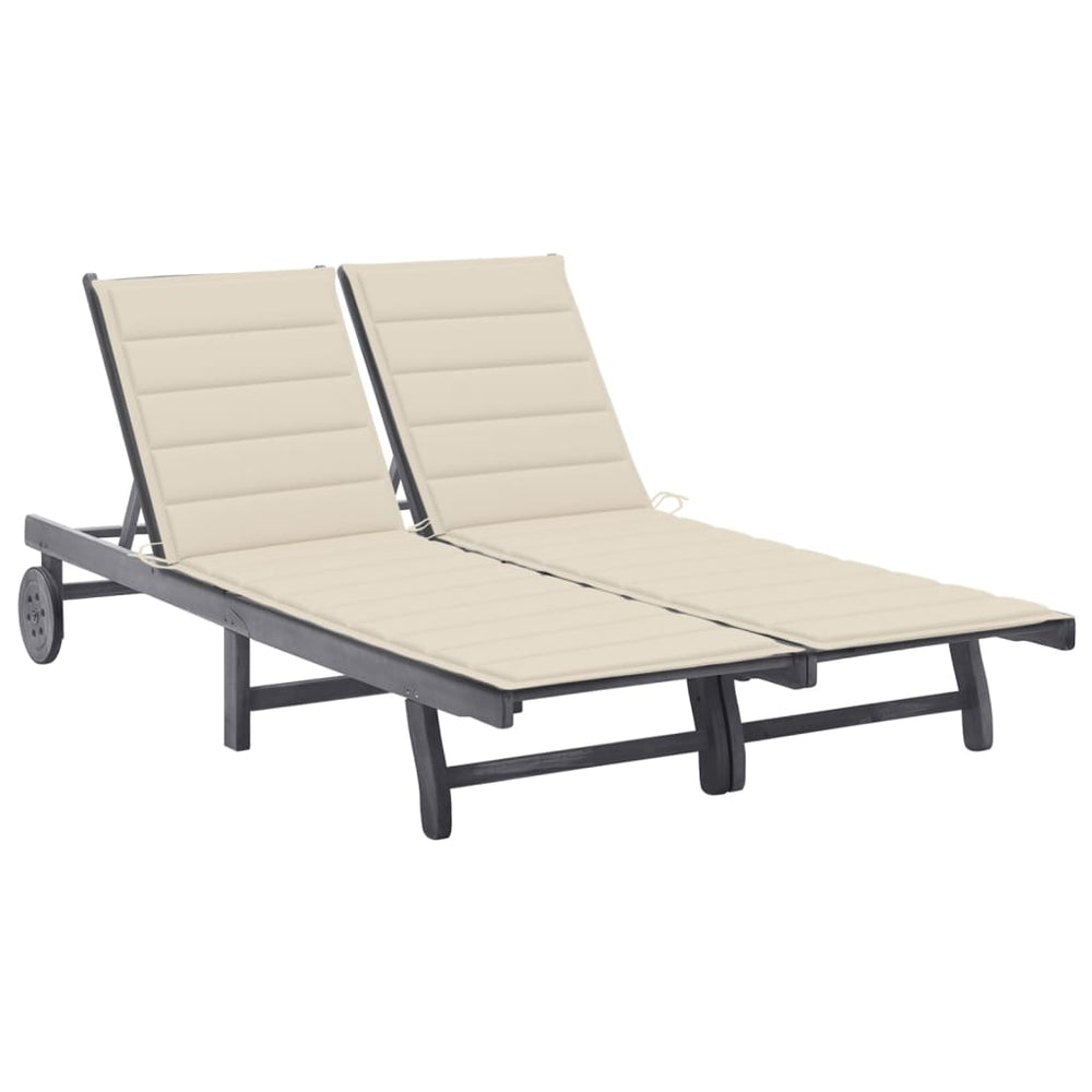Double garden sun lounger with cushions, grey, acacia wood