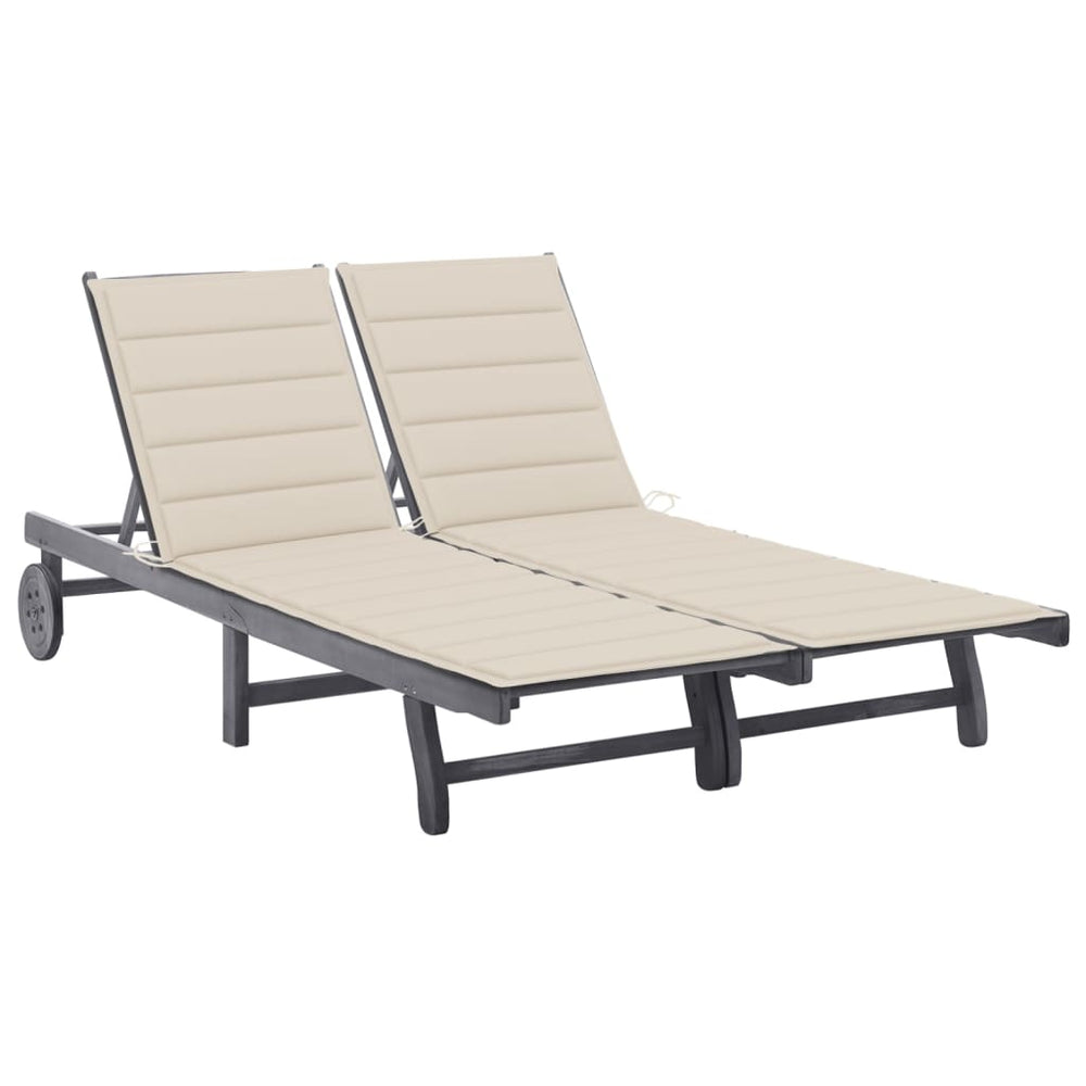Double garden sun lounger with cushions, grey, acacia wood