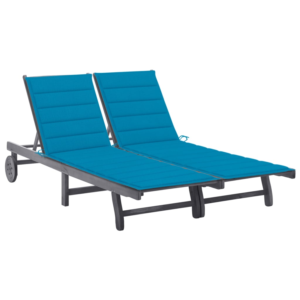 Double garden sun lounger with cushions, grey, acacia wood