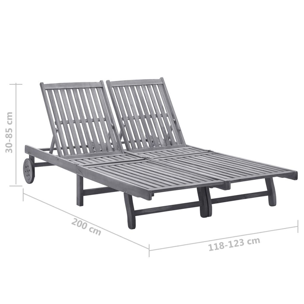 Double garden sun lounger with cushions, grey, acacia
