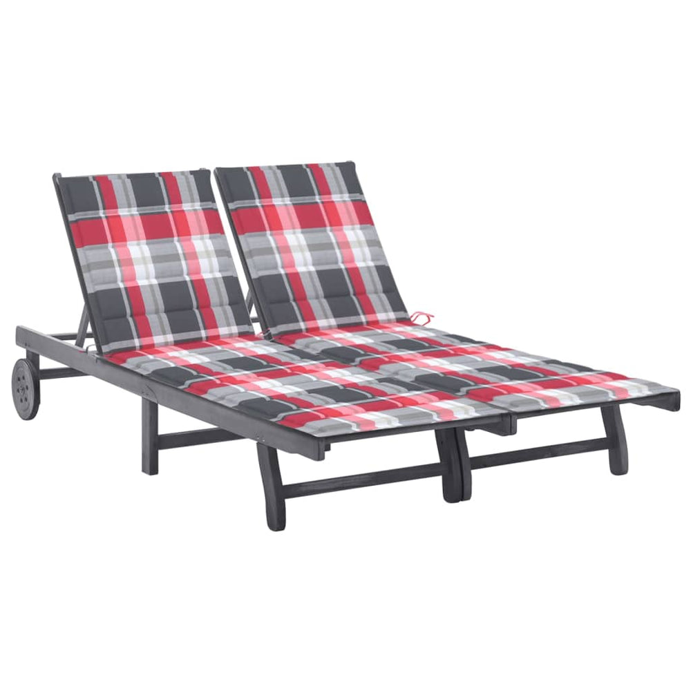Double garden sun lounger with cushions, grey, acacia wood