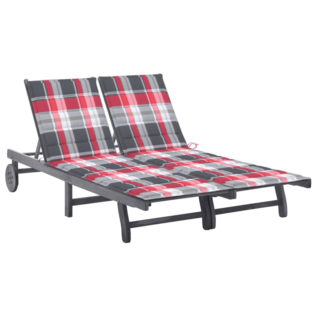 Double garden sun lounger with cushions, grey, acacia wood