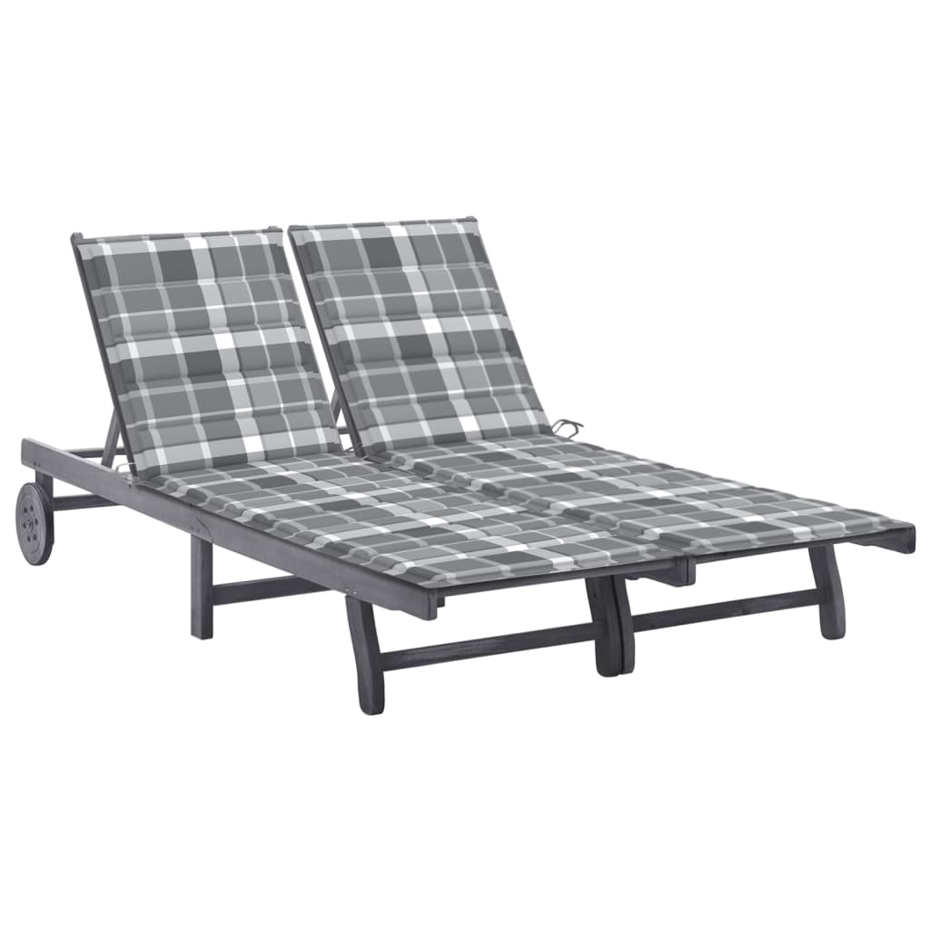 Double garden sun lounger with cushions, grey, acacia wood