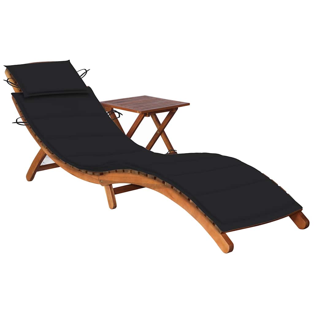 Garden sun lounger with table and mattress, acacia solid wood