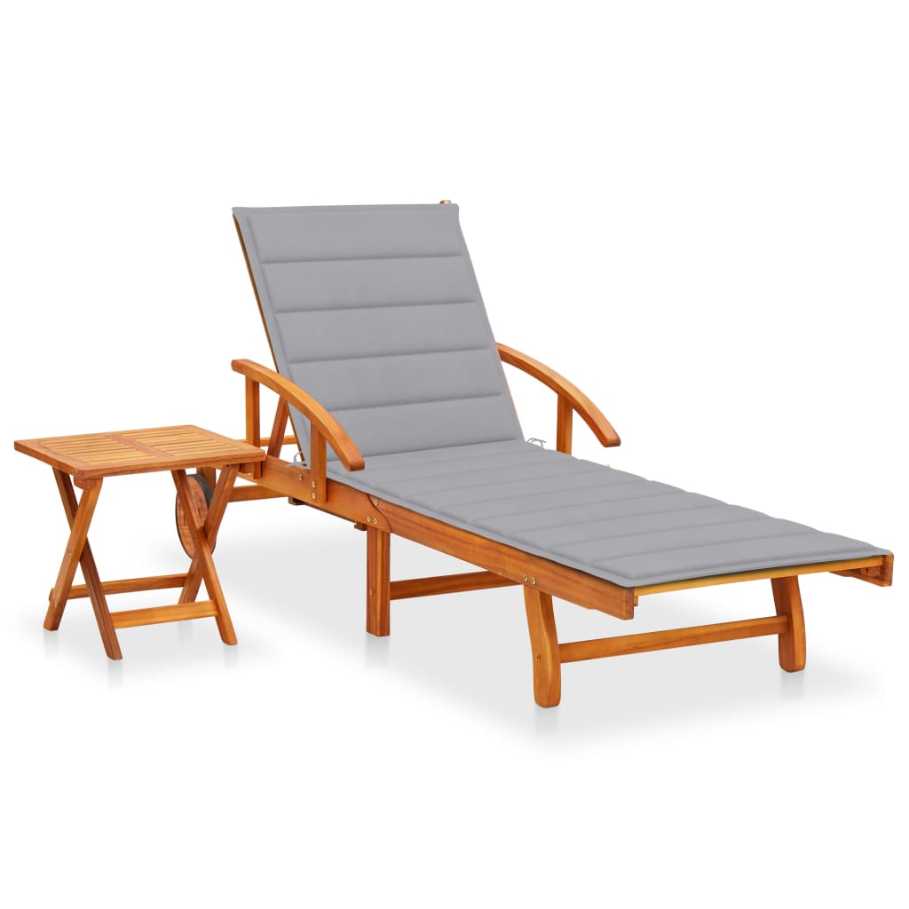 Garden sun lounger with table and mattress, acacia solid wood
