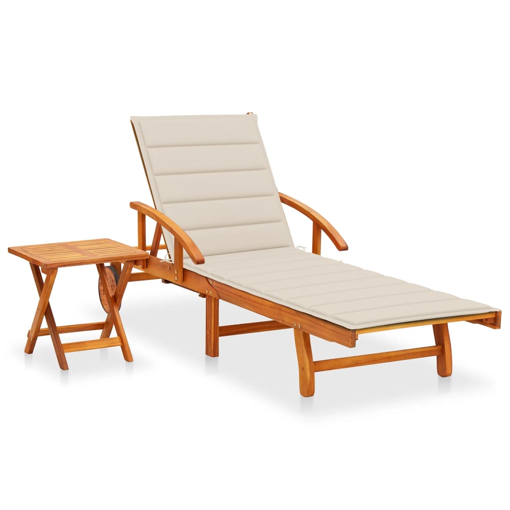 Garden sun lounger with table and mattress, acacia solid wood