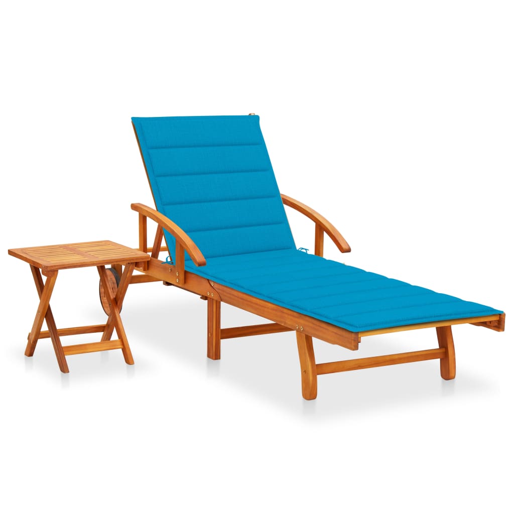 Garden sun lounger with table and mattress, acacia solid wood