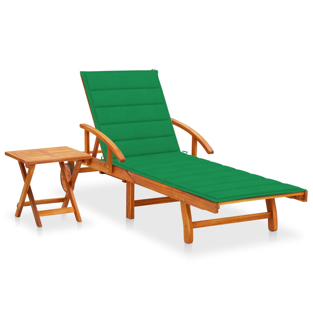 Garden sun lounger with table and mattress, acacia solid wood
