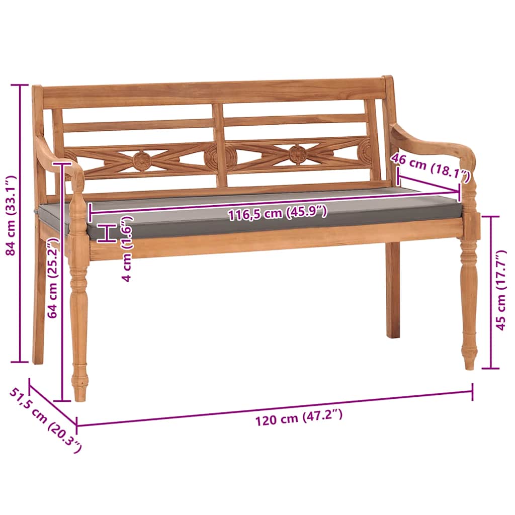Batavia suoliukas su tamsiai pilka pagalve, 120cm, tikmedis