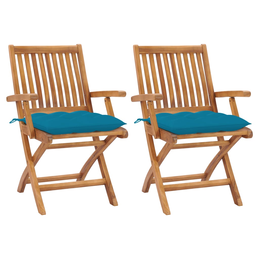 Garden chairs with light blue cushions, 2 pcs., teak