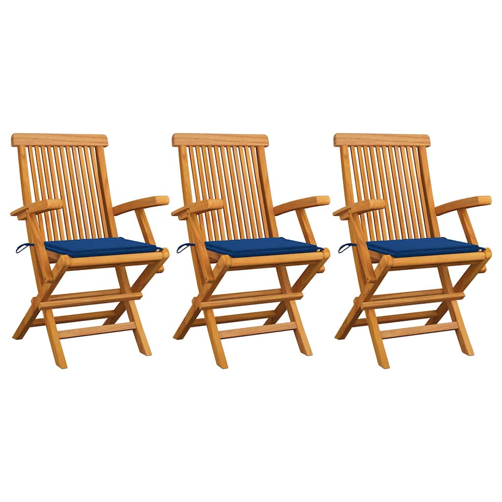 Garden chairs with blue cushions, 3 pcs., solid teak wood