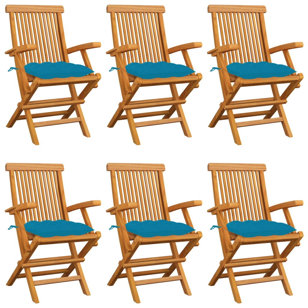 Garden chairs with light blue cushions, 6 pcs, teak
