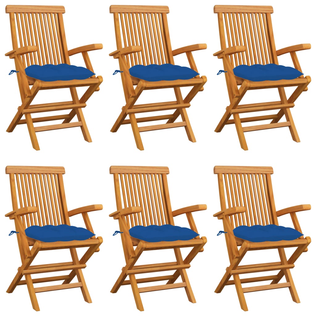 Garden chairs with blue cushions, 6 pcs., solid teak wood