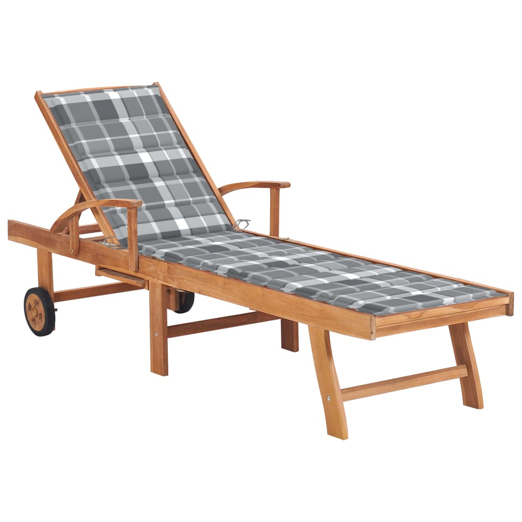 Teak sun lounger with checked mattress