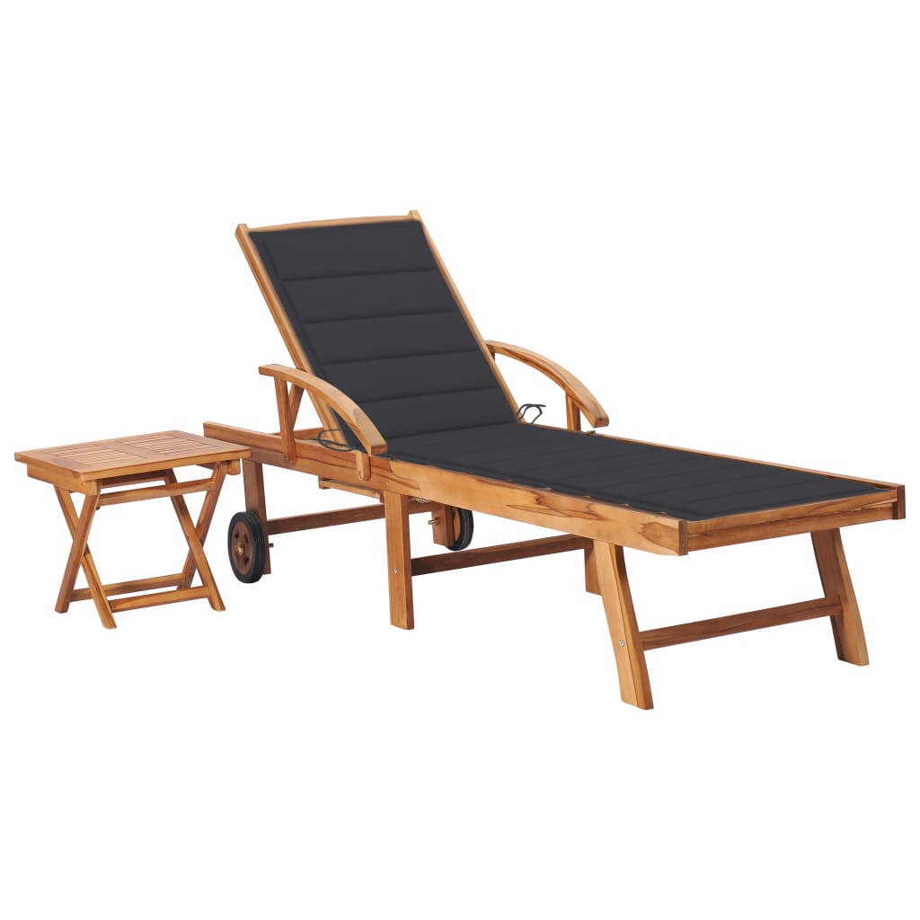 Sun lounger with table and mattress, solid teak wood
