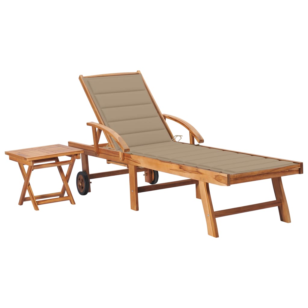 Sun lounger with table and mattress, solid teak wood