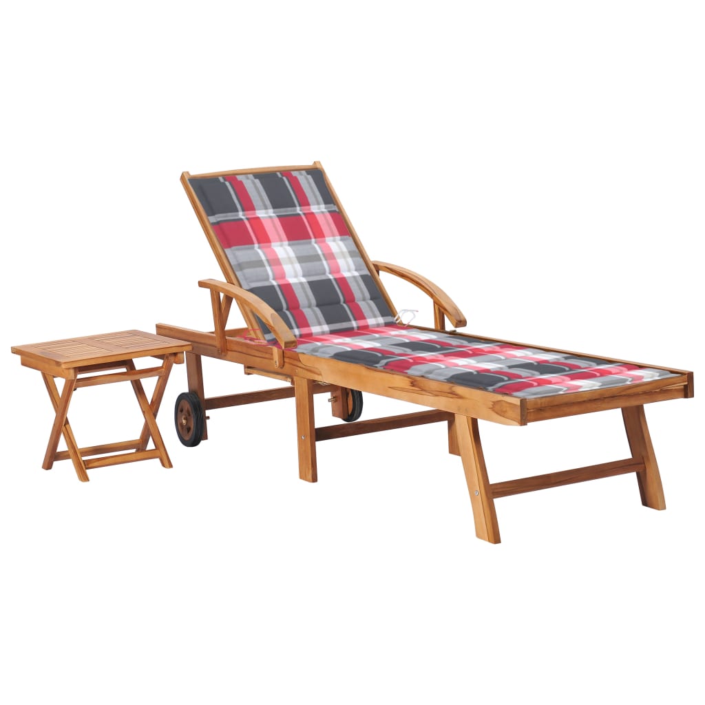 Sun lounger with table and mattress, solid teak wood