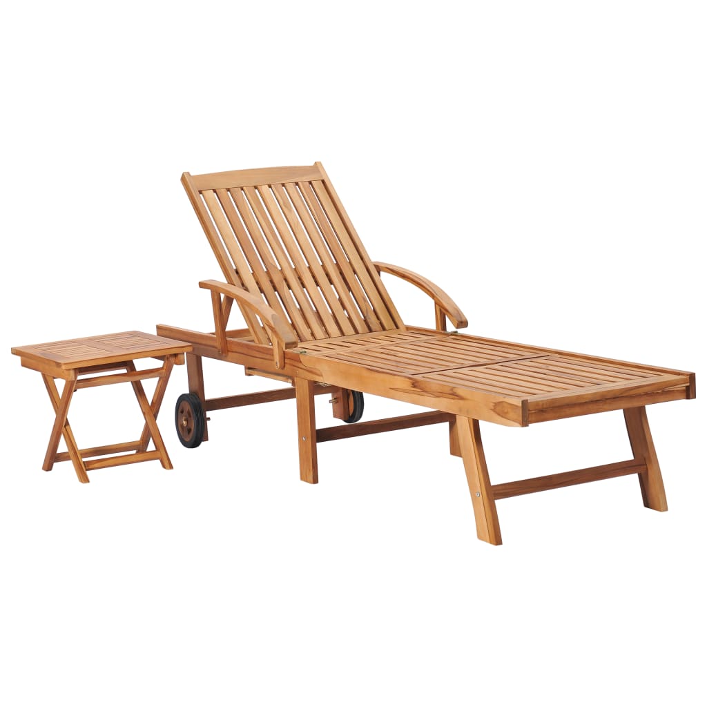 Sun lounger with table and mattress, solid teak wood