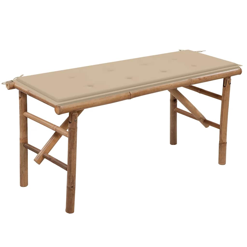 Folding garden bench with cushion, 118cm, bamboo