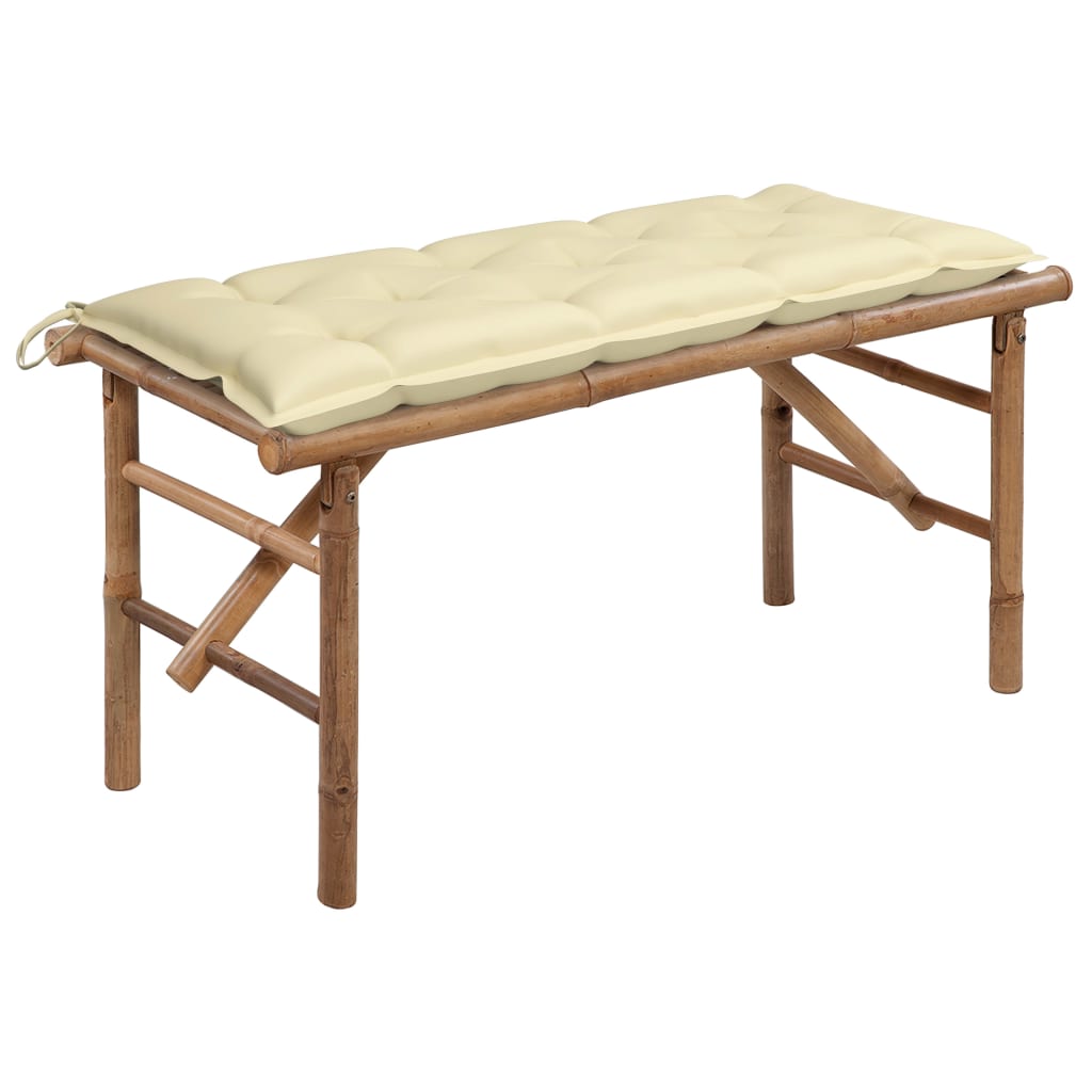 Folding garden bench with cushion, 118cm, bamboo