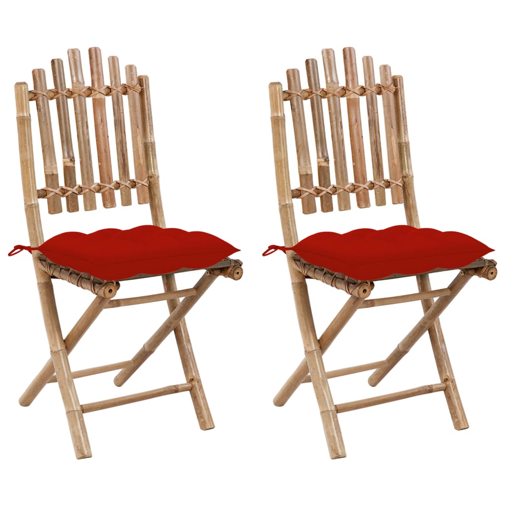 Folding garden chairs with cushions, 2 pcs, bamboo