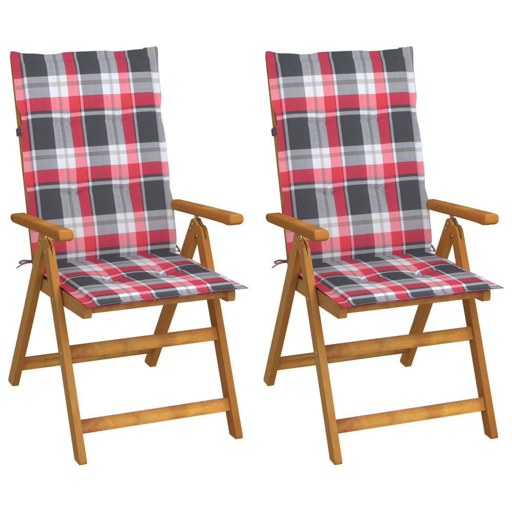Reclining garden chairs with cushions, 2 pcs., solid acacia wood