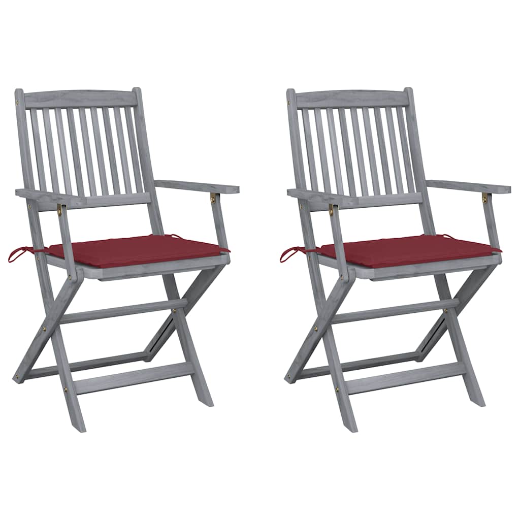 Folding Outdoor Chairs with Cushions, 2 pcs, Solid Acacia Wood
