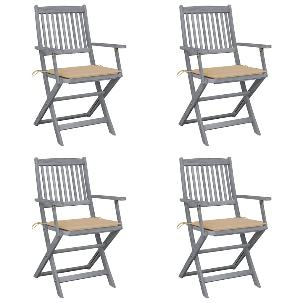 Folding outdoor chairs with cushions, 4 pcs., solid acacia
