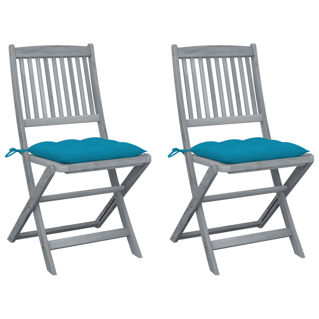 Folding Outdoor Chairs with Cushions, 2 pcs, Solid Acacia Wood