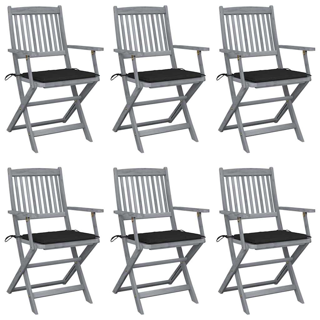 Folding outdoor chairs with cushions, 6 pcs., solid acacia wood