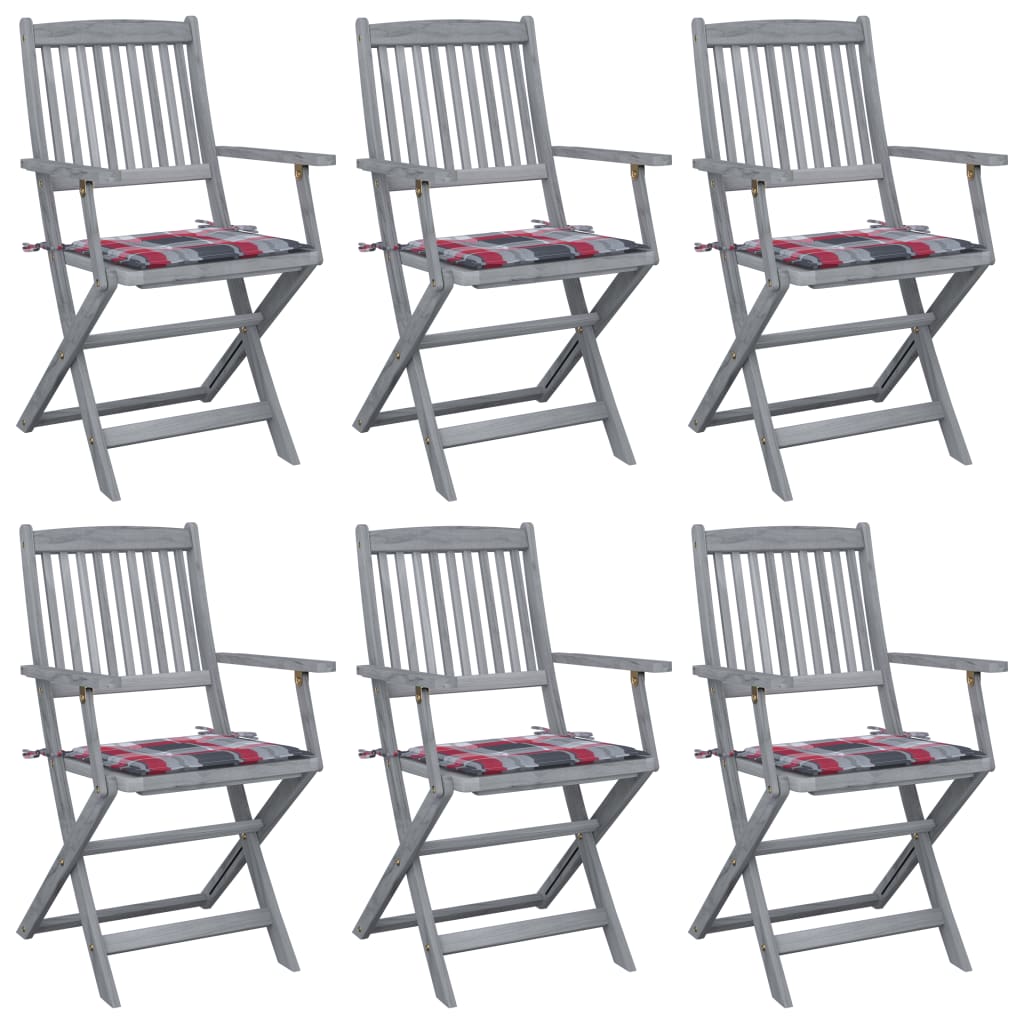 Folding outdoor chairs with cushions, 6 pcs., solid acacia wood