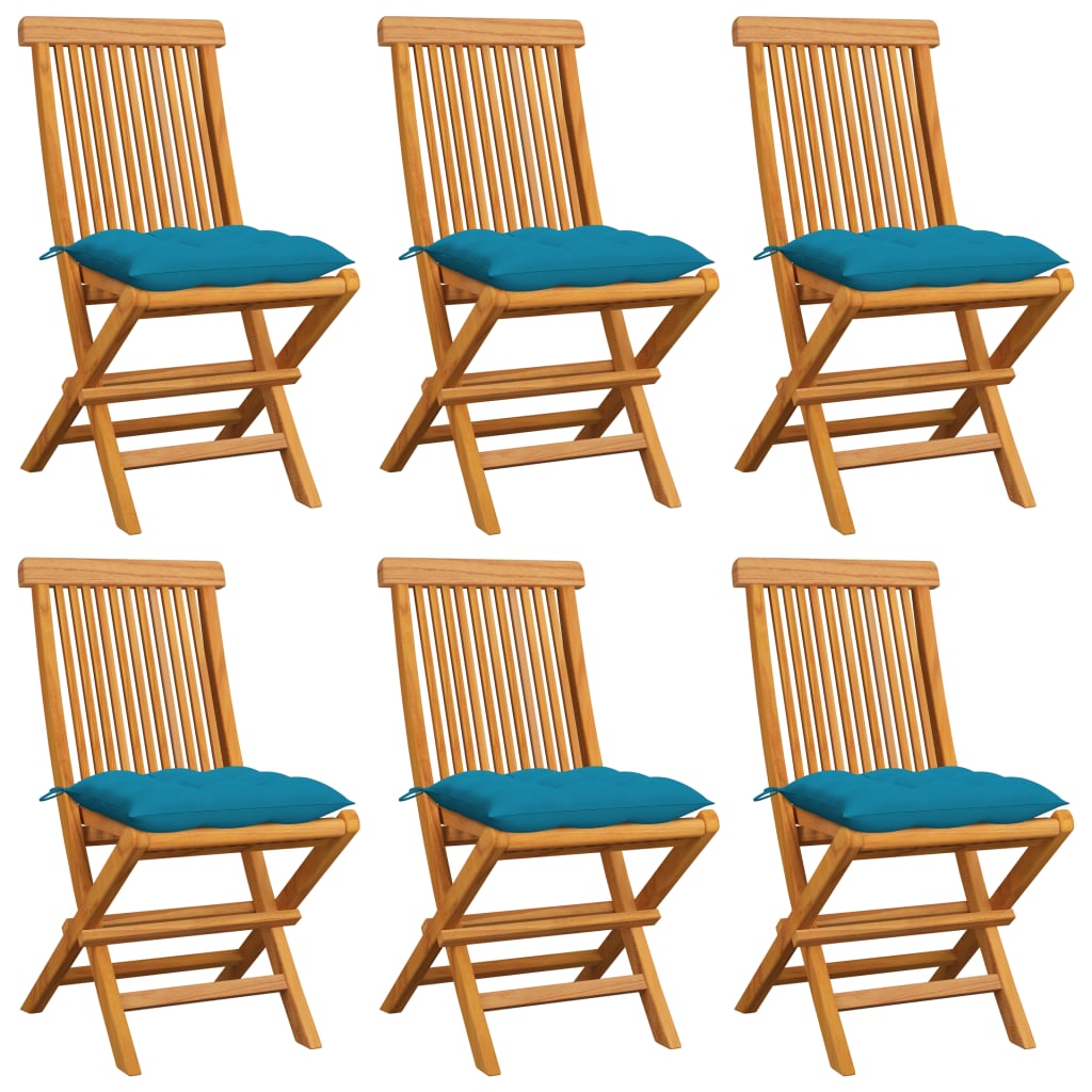 Garden chairs with cushions, 6 pcs., light blue, solid teak wood