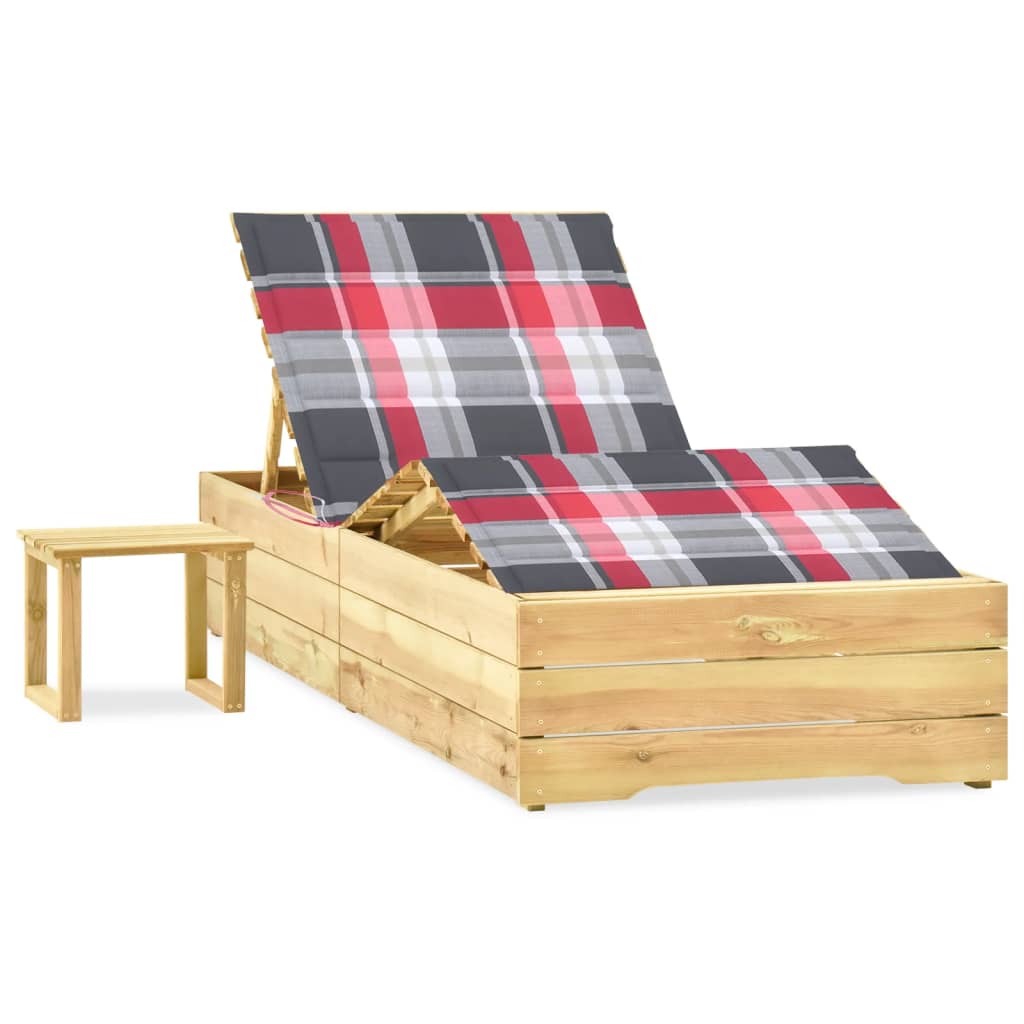 Garden sun lounger with table and mattress, impregnated pine