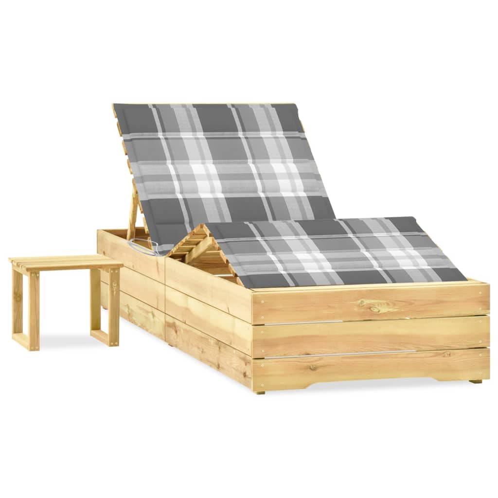 Garden sun lounger with table and mattress, impregnated pine