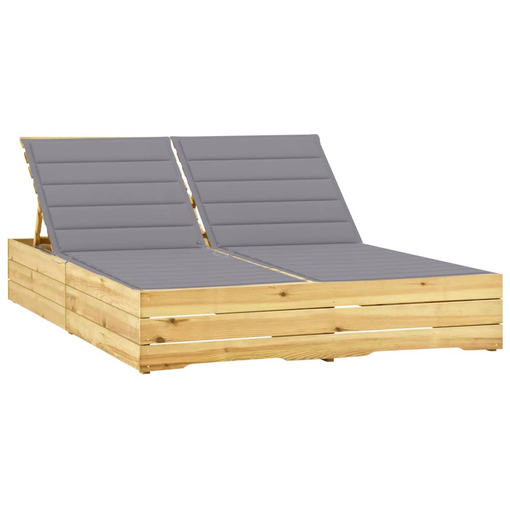 Two-seater sun lounger with grey cushions, pine wood