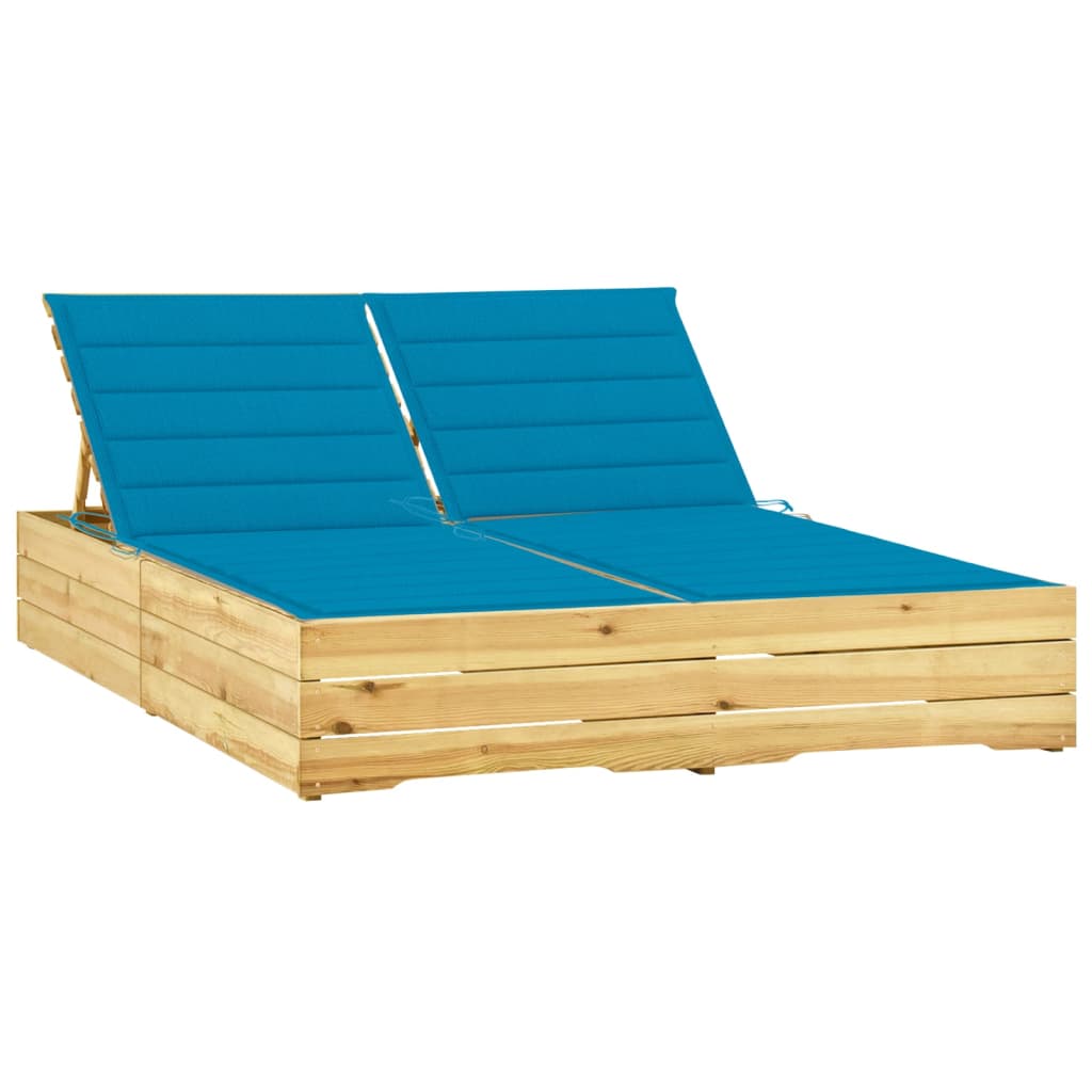 Two-seater sun lounger with blue cushions, pine wood